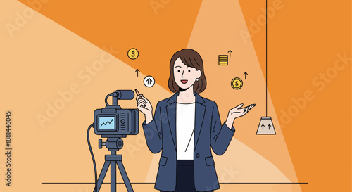 Woman presenting content on camera with interactive elements.
