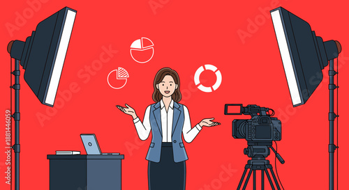 Woman presenting in front of camera with studio lights.