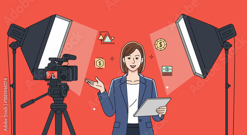 Female presenter recording video with studio lights and camera equipment.