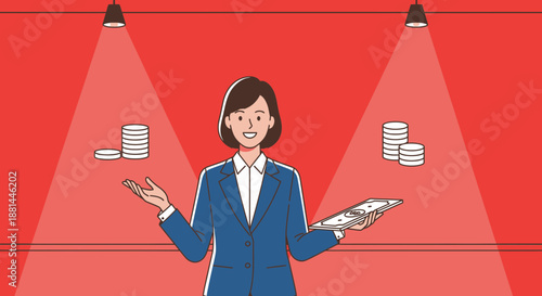Businesswoman juggling coins under spotlight.