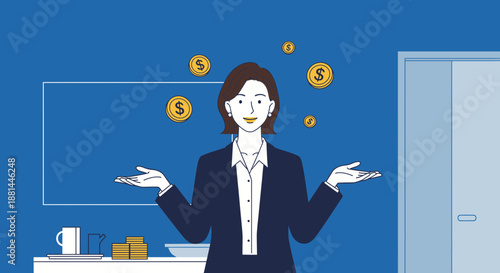 Woman in business attire juggling money in an office setting.
