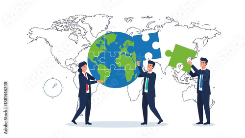 Global Business Solutions: People Assemble Earth Puzzle Pieces