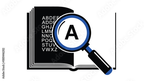 A magnifying glass focused on the letter a in an open dictionary or reference book