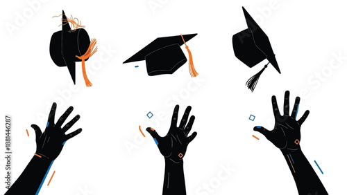 Celebrating academic achievement with tossed graduation caps and reaching hands