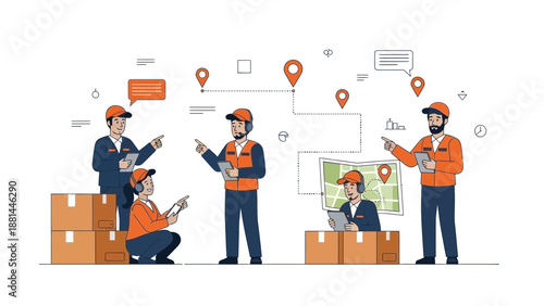 Logistics Team Planning Delivery Route with Map and Boxes