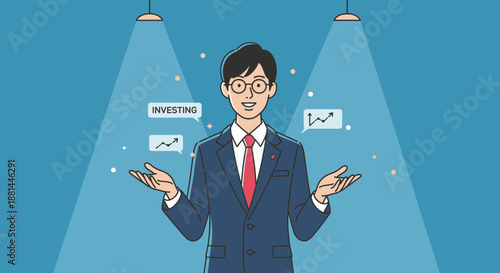 Businessman presenting investment growth charts under spotlight.