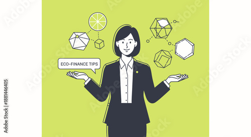 Businesswoman in dilemma with geometric shapes and speech bubble.
