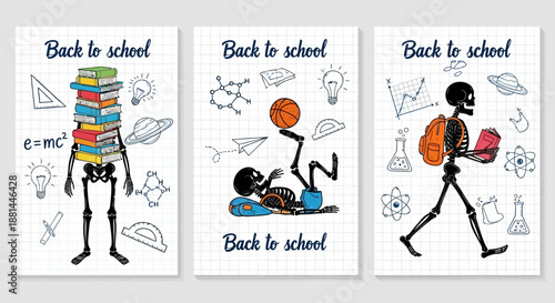 Quirky Skeletons Embark on Academic Adventures Hand-Drawn Back to School Illustrations Portraying Fun Learning and Education Concepts