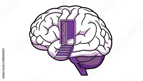 Unlocking the mind: a conceptual illustration of a brain with an open door and steps