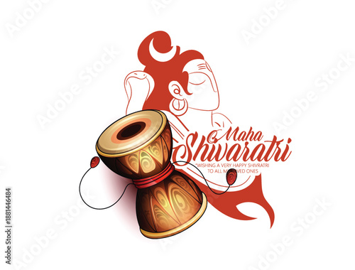 Maha Shivratri, greeting featuring a Shiva lingam silhouette, Damru drum, and trident against a deep red background. Wishing happiness to loved ones during the sacred Hindu festival.