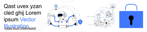 Cybersecurity, digital safety, automation, machine learning, secure technology, artificial intelligence. A robot with security symbols and a padlock. Cybersecurity and digital protection concept