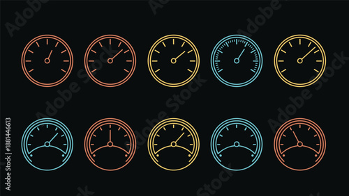Collection of various minimalist gauge and dial icons in different colors representing measurement, speed, and performance levels.