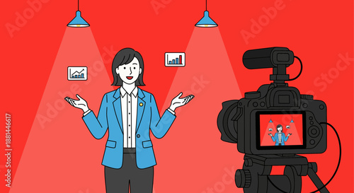 Woman presenting to camera with spotlights and video equipment.