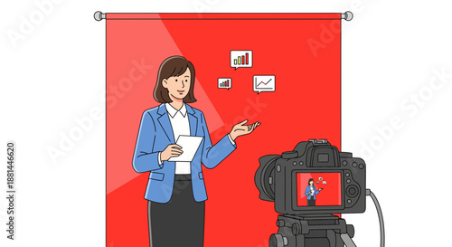 Woman presenting in front of a camera and red backdrop.