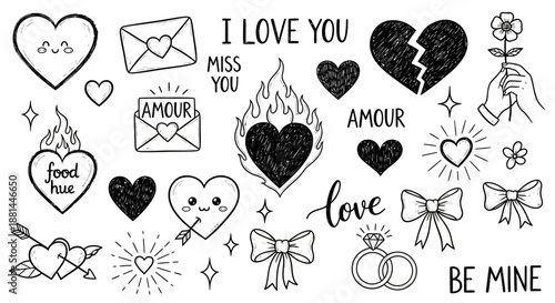 Charming Hand-Drawn Doodle Collection for Love and Valentine's Day Featuring Hearts, Envelopes, Rings, and Romantic Text Illustrations