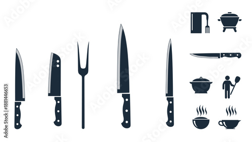 Set of black silhouette kitchen knives and cooking utensils including pots and bowls for culinary and restaurant design projects.
