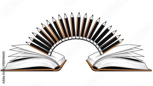 Knowledge bridge formed by pencils connecting two open books, symbolizing education and learning