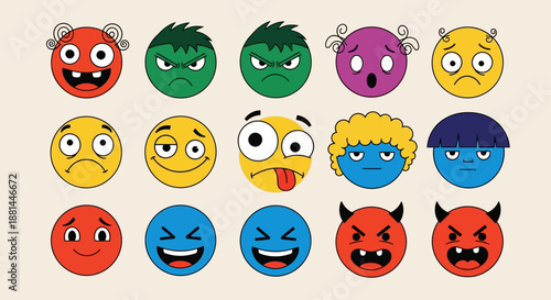 Vibrant collection of expressive cartoon faces showcasing a wide range of emotions and moods, perfect for digital communication and creative projects