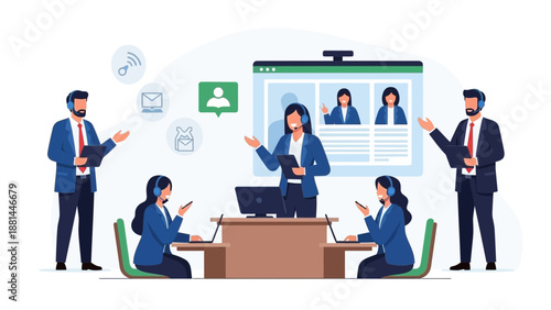 Professional Business Team Working in Modern Office, Customer Support Call Center