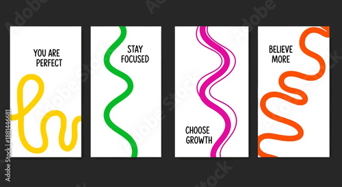 Vibrant collection of abstract minimalist graphic posters featuring colorful wavy lines and inspirational quotes for motivation and self-improvement