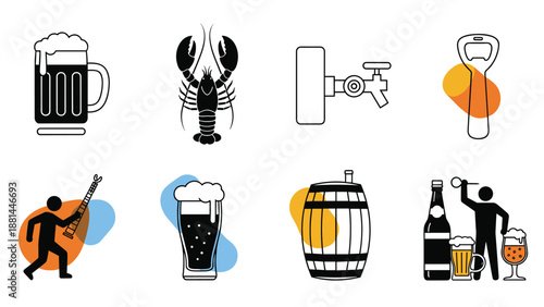 Brewery and beer culture icons including mugs, bottles, barrels, and a lobster representing pub food and traditional drinks.