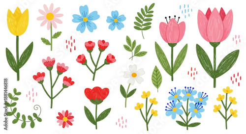 Charming collection of various cartoon flowers and whimsical floral elements, perfect for spring and summer designs, digital art, or decorative projects