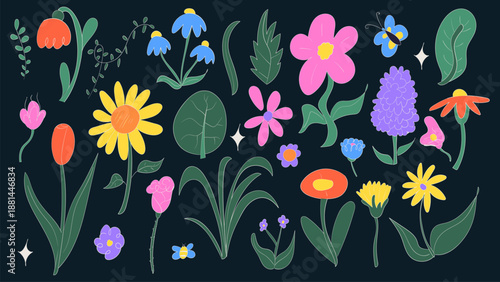 Hand drawn spring colorful flowers. Flat vector illustration.