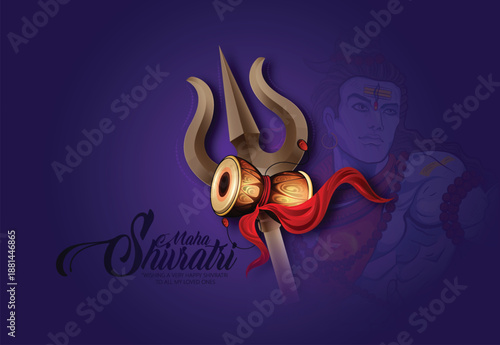 Maha Shivratri, greeting featuring a Shiva lingam silhouette, Damru drum, and trident against a deep red background. Wishing happiness to loved ones during the sacred Hindu festival.