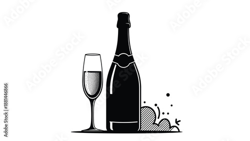 Champagne bottle and glass silhouette with popping bubbles representing celebrations, weddings, and special events photography.