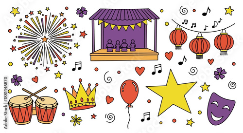 Assortment of Fun Line Art Vector Elements for Festive Occasions, Music Concerts, and Theatrical Performances