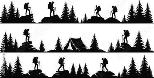 Hiking adventure silhouettes in forest mountains with backpackers camping trekking exploration nature outdoor travel vector black white illustration set