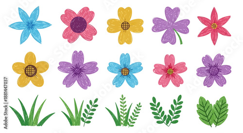 Vibrant Hand-Drawn Crayon Style Flower and Green Plant Illustrations Set for Spring and Summer Designs