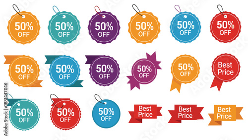 Large collection of colorful discount price tags and promotional labels for retail sales and marketing marketing campaigns.