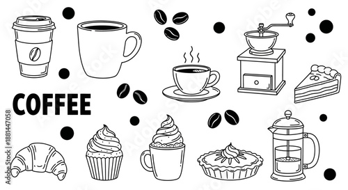 Charming hand-drawn collection of coffee shop essentials. Features beverages, sweet pastries, and brewing tools in a delightful doodle style for cafe-themed designs