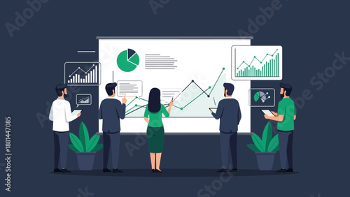Business Team Analyzing Financial Data on Projection Screen