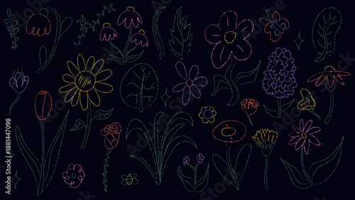 Hand drawn pencil spring colorful flowers. Flat vector illustration.