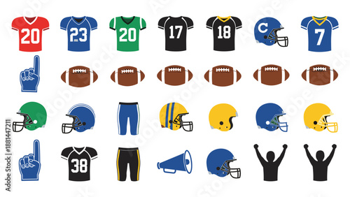 American Football Team Jerseys Helmets and Equipment Icons Set.