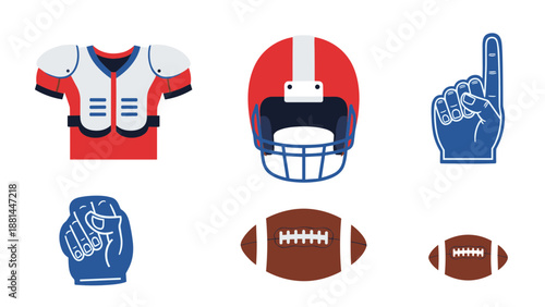 American Football Icons Set with Jersey, Helmet, and Accessories.