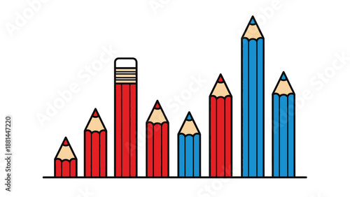Colorful pencils of different sizes standing on a line, resembling a vibrant bar chart