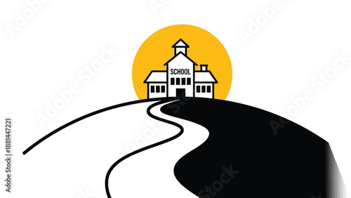 The winding road leading to a school building on a hill with a bright yellow sun behind it