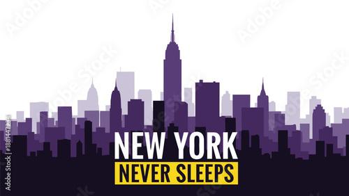 Purple silhouette of the New York City skyline featuring the Empire State Building with bold text stating New York never sleeps.