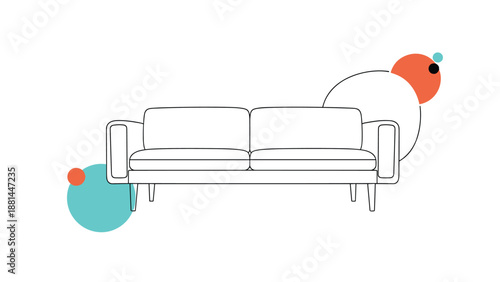 Simple black line drawing of a modern living room sofa accented with colorful abstract circles in peach and turquoise on a white background.