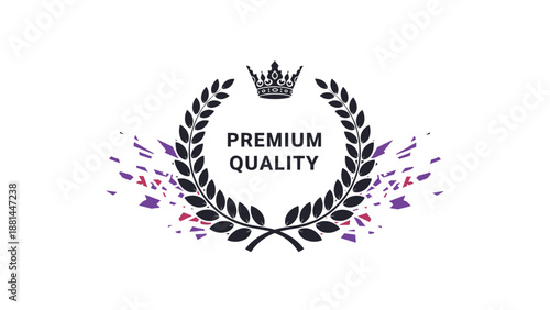 Premium quality insignia design featuring a black laurel wreath and royal crown with vibrant purple and red abstract elements around it.