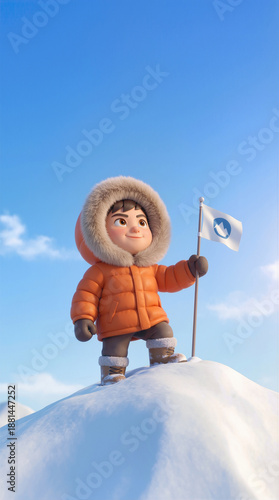 3D cartoon boy explorer claiming territory on snowy Greenland mountain peak with flag, young Arctic adventurer achieving summit success on polar ice sheet, child conquering heights.