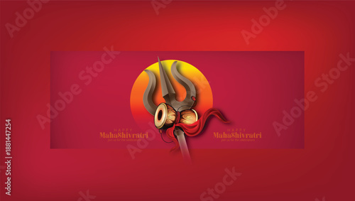 Maha Shivratri, greeting featuring a Shiva lingam silhouette, Damru drum, and trident against a deep red background. Wishing happiness to loved ones during the sacred Hindu festival.