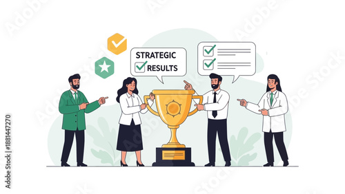 Team celebrating strategic results and winning trophy, business success concept