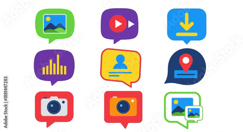 Vibrant collection of colorful speech bubble icons illustrating diverse digital media, communication, social networking, and web application functions