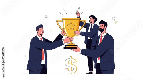 Team celebrating victory with trophy, business success, achievement and teamwork