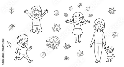 Cheerful children and a loving mother enjoy the autumn season as falling leaves swirl around them, a delightful black and white line art illustration of family fun