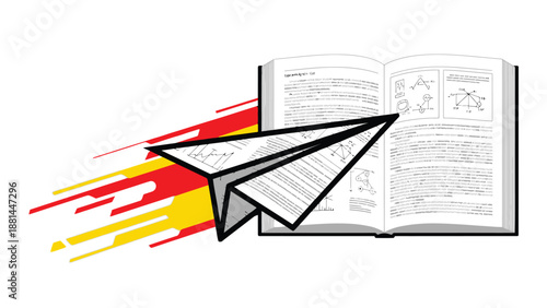 Paper airplane flying from an open book with vibrant speed lines illustrating rapid learning